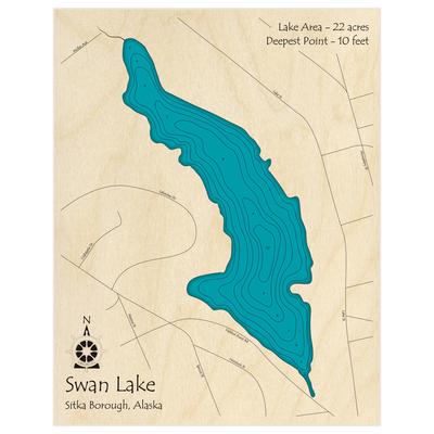 Bathymetric topo map of Swan Lake with roads, towns and depths noted in blue water