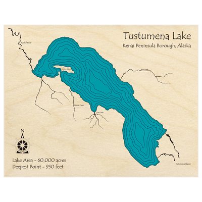 Bathymetric topo map of Tustumena Lake with roads, towns and depths noted in blue water