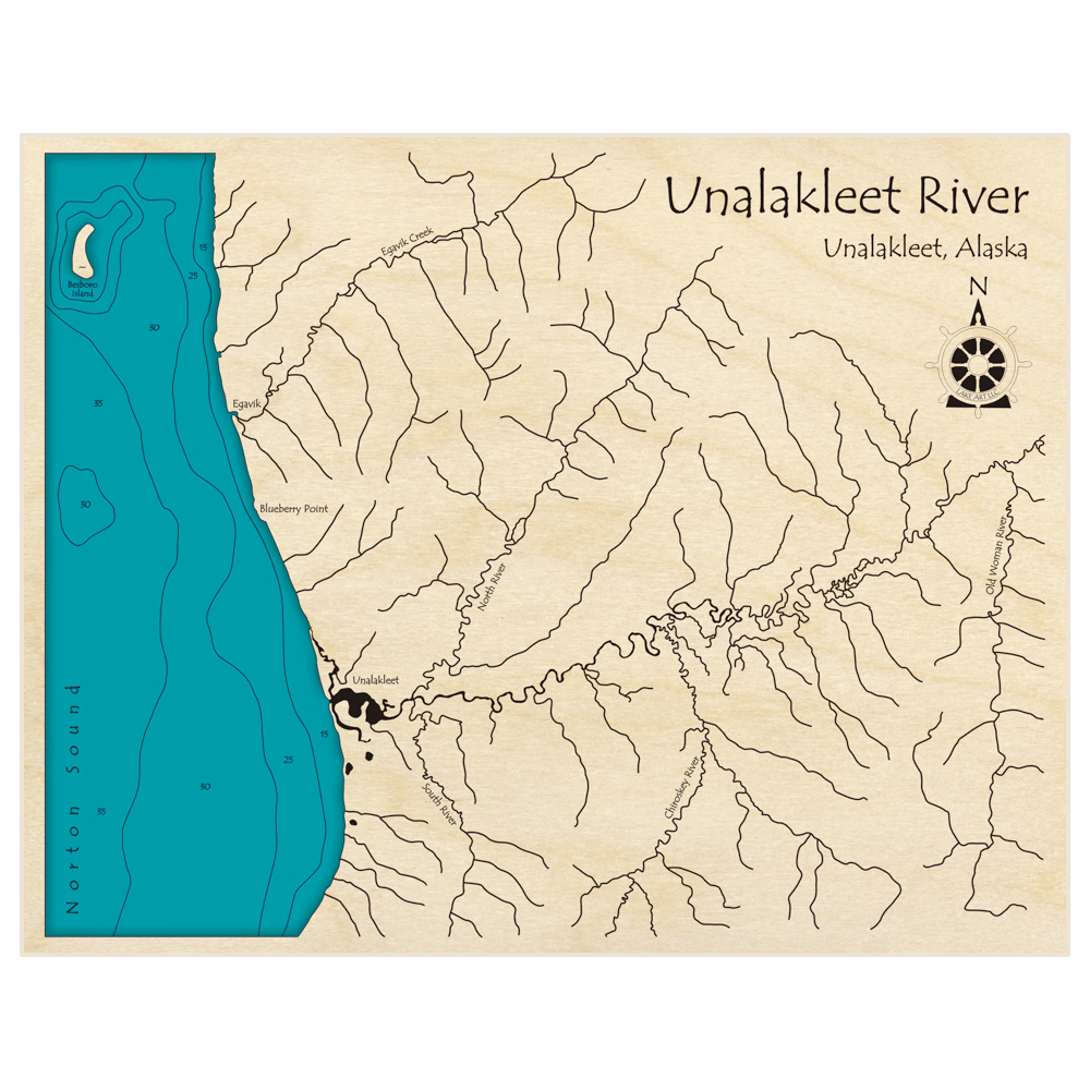 Bathymetric topo map of Unalakleet River Region with roads, towns and depths noted in blue water