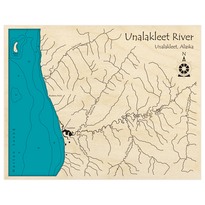 Bathymetric topo map of Unalakleet River Region with roads, towns and depths noted in blue water