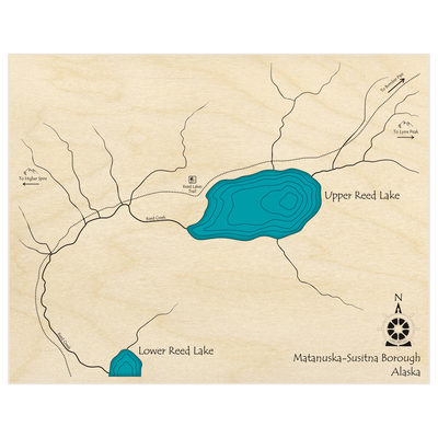 Bathymetric topo map of Upper Reed Lake  with roads, towns and depths noted in blue water