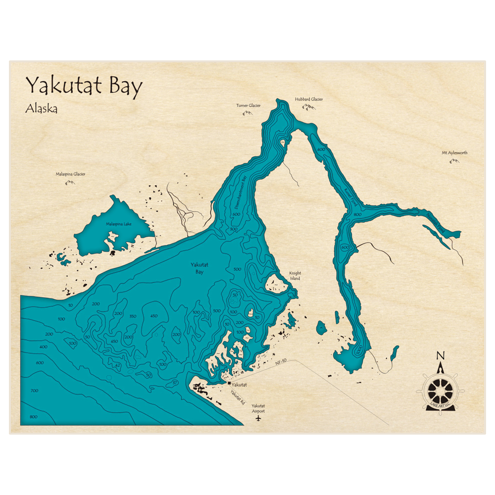 Bathymetric topo map of Yakutat Bay with roads, towns and depths noted in blue water