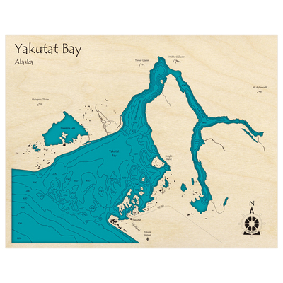 Bathymetric topo map of Yakutat Bay with roads, towns and depths noted in blue water