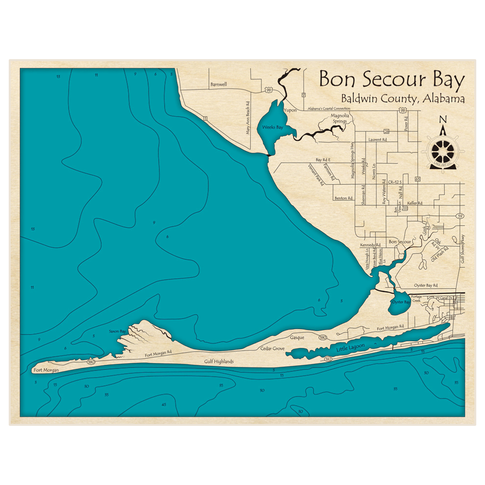 Bathymetric topo map of Bon Secour Bay with roads, towns and depths noted in blue water
