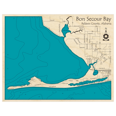 Bathymetric topo map of Bon Secour Bay with roads, towns and depths noted in blue water