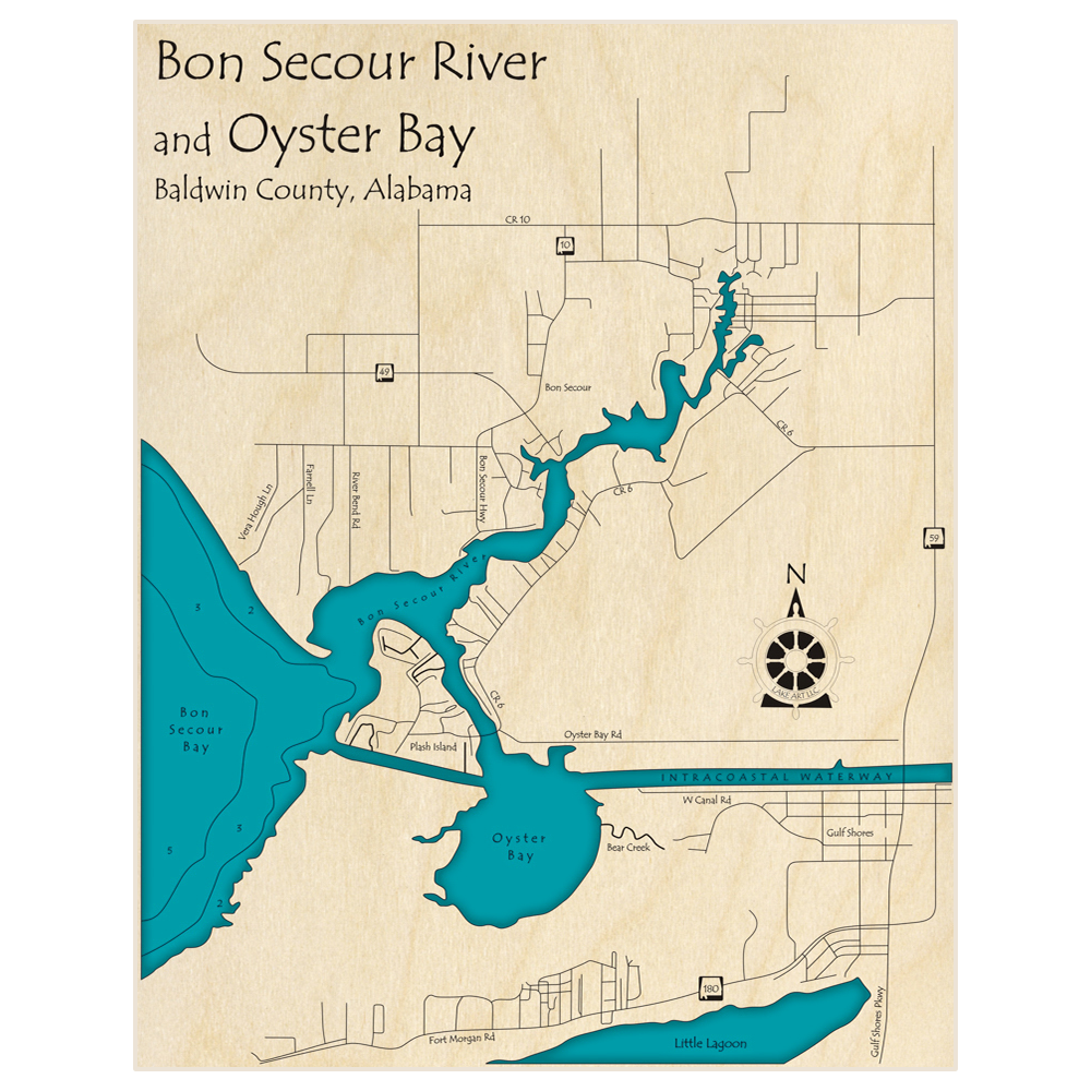 Bathymetric topo map of Bon Secour River and Oyster Bay with roads, towns and depths noted in blue water
