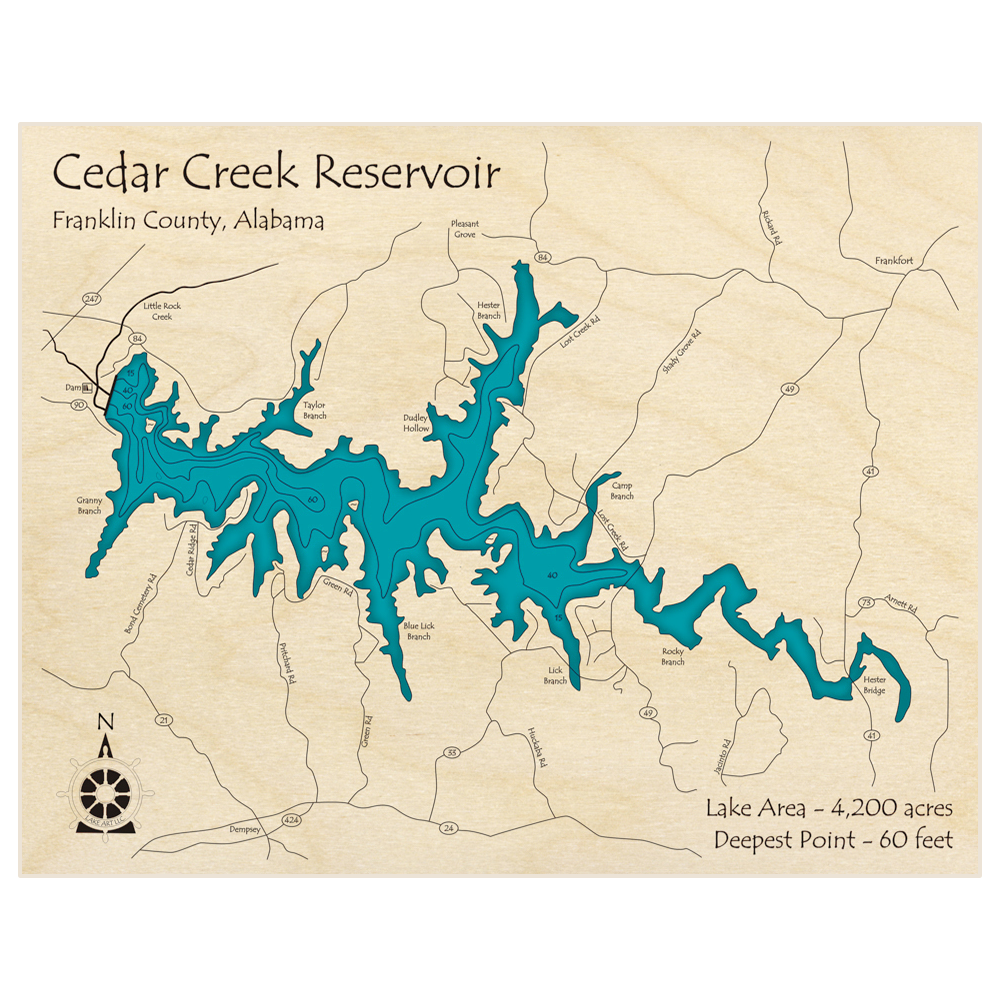 Bathymetric topo map of Cedar Creek Reservoir with roads, towns and depths noted in blue water