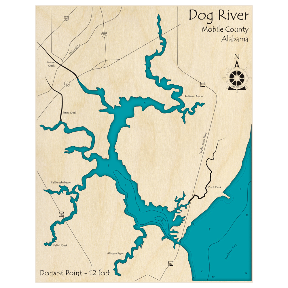 Bathymetric topo map of Dog River with roads, towns and depths noted in blue water