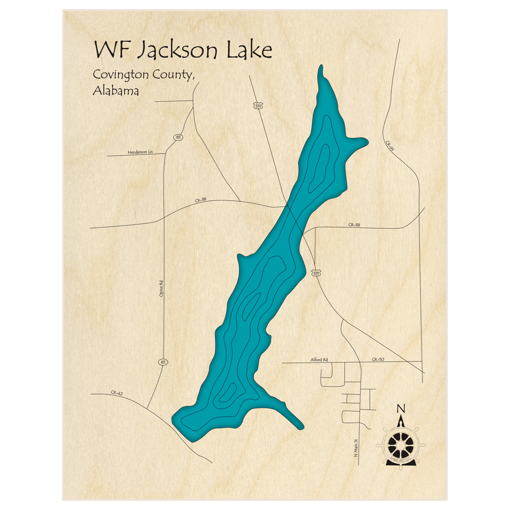Bathymetric topo map of Lake Frank Jackson with roads, towns and depths noted in blue water