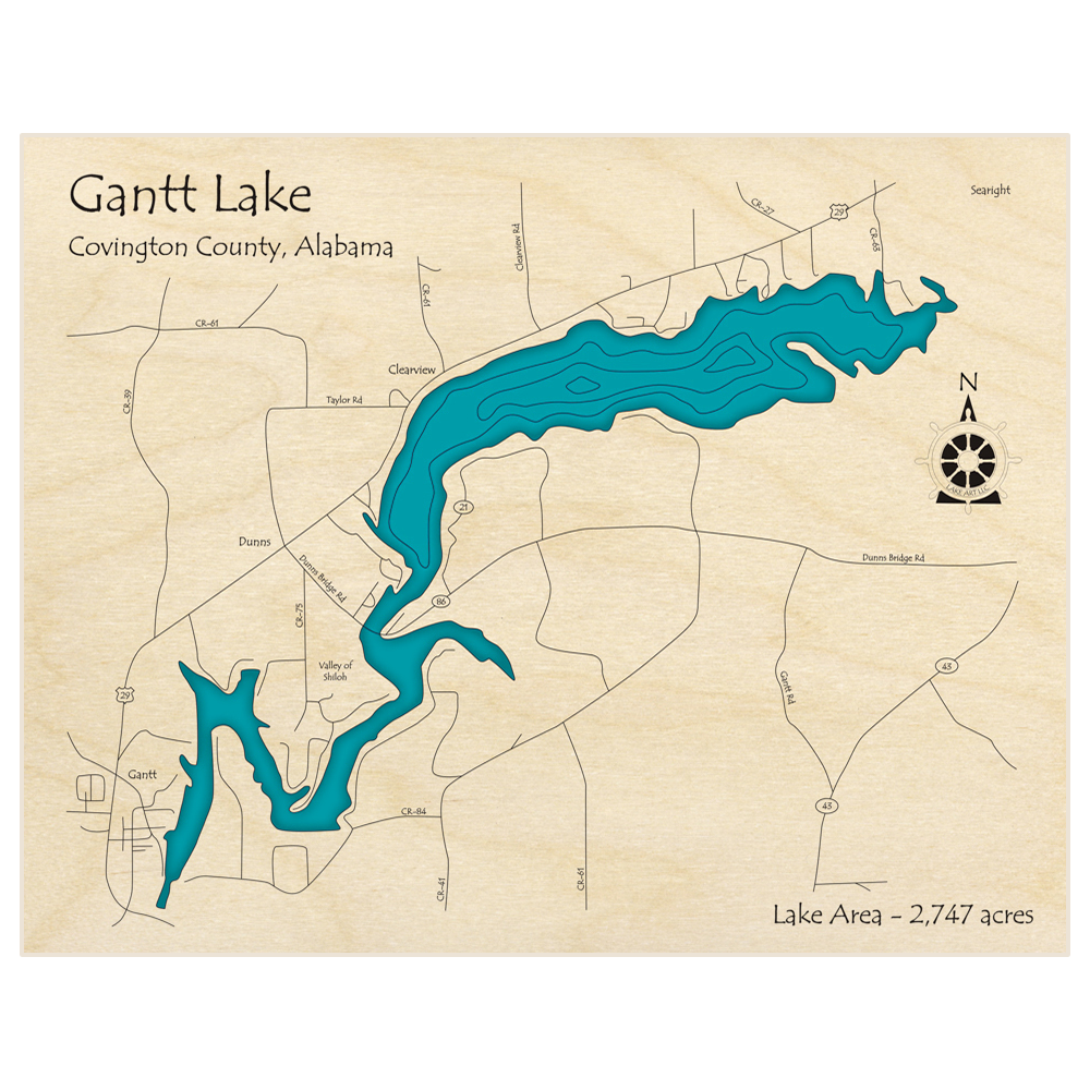 Bathymetric topo map of Gantt Lake  with roads, towns and depths noted in blue water