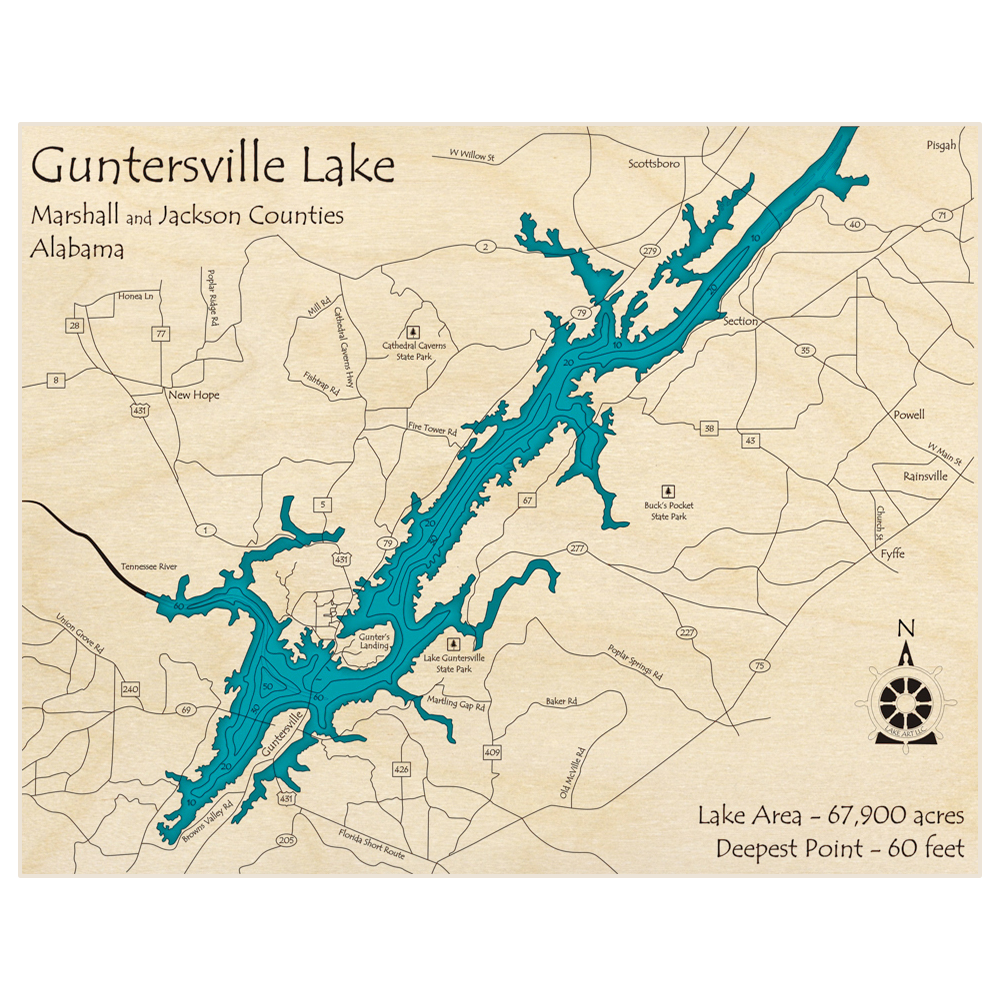 Bathymetric topo map of Guntersville Lake with roads, towns and depths noted in blue water