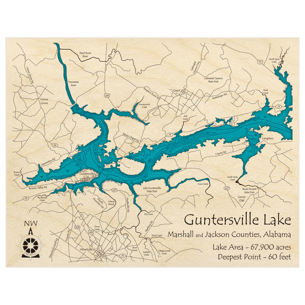 Bathymetric topo map of Guntersville Lake (Zoomed In) (Southern Section) with roads, towns and depths noted in blue water
