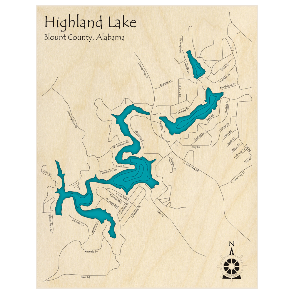 Bathymetric topo map of Highland Lake  with roads, towns and depths noted in blue water