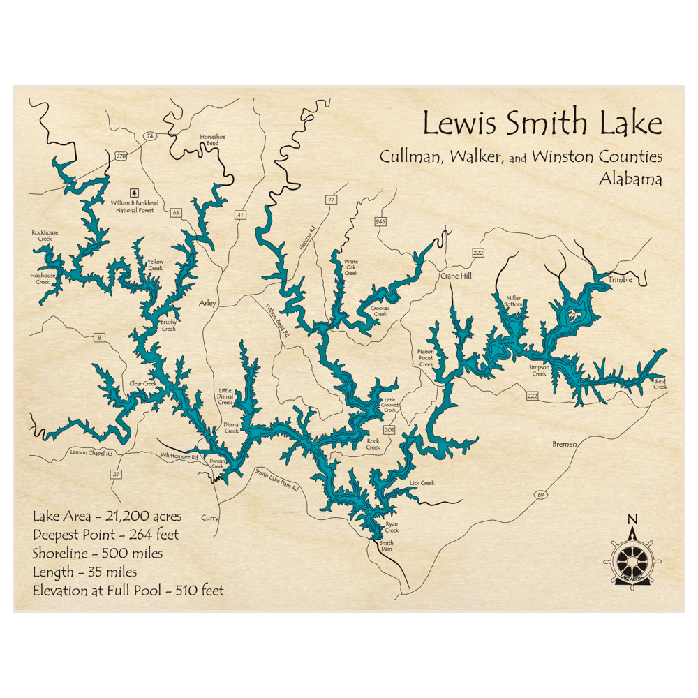 Bathymetric topo map of Lewis Smith Lake (SINGLE LEVEL ONLY)  with roads, towns and depths noted in blue water