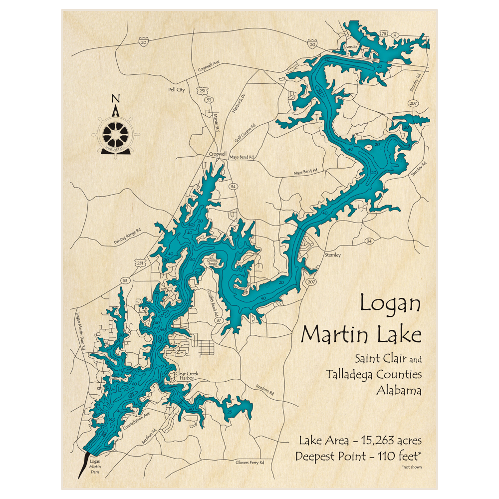 Bathymetric topo map of Logan Martin Lake with roads, towns and depths noted in blue water