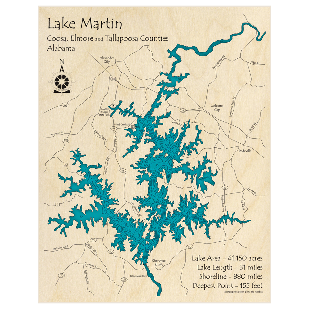 Bathymetric topo map of Lake Martin with roads, towns and depths noted in blue water
