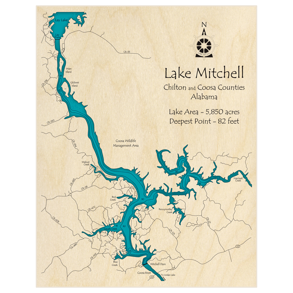 Bathymetric topo map of Lake Mitchell with roads, towns and depths noted in blue water