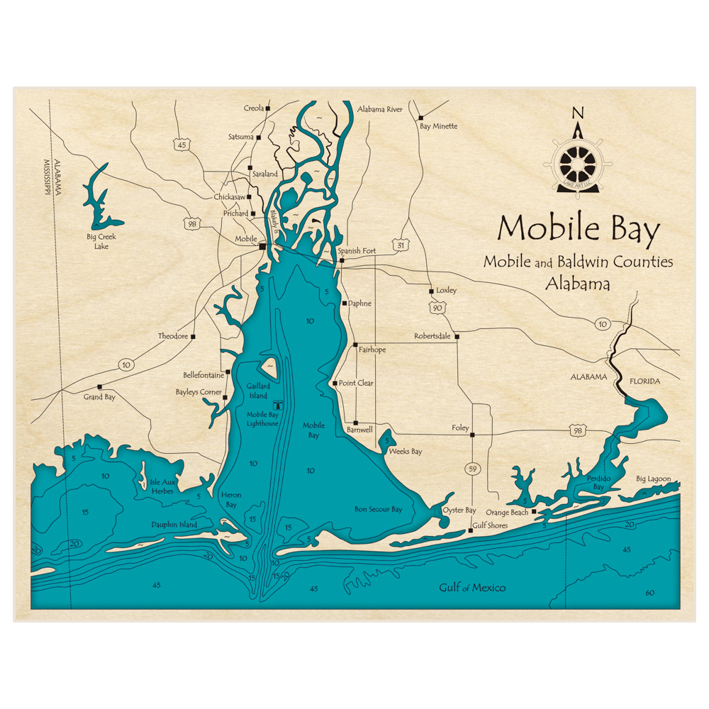 Bathymetric topo map of Mobile Bay (Landscape Orientation) with roads, towns and depths noted in blue water