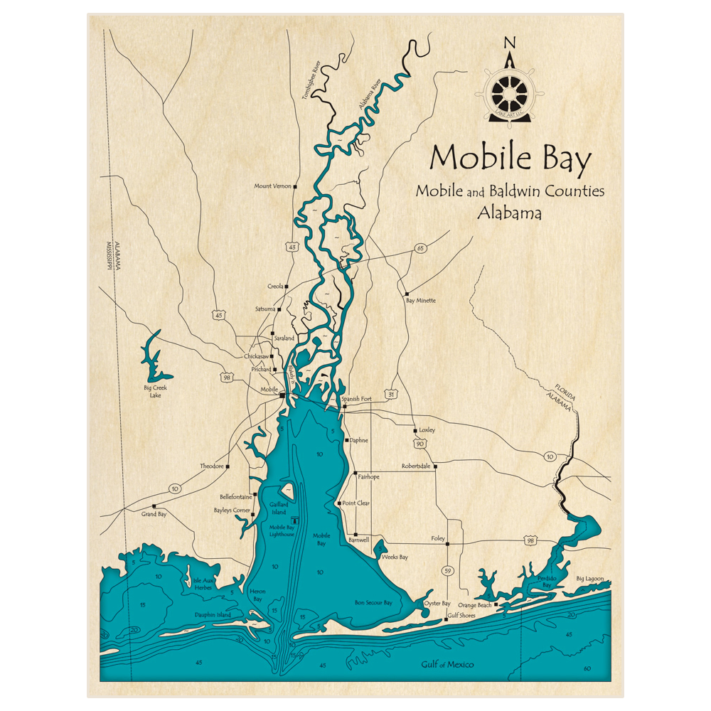 Bathymetric topo map of Mobile Bay (Portrait Orientation) with roads, towns and depths noted in blue water