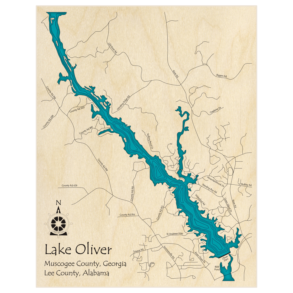 Bathymetric topo map of Lake Oliver  with roads, towns and depths noted in blue water