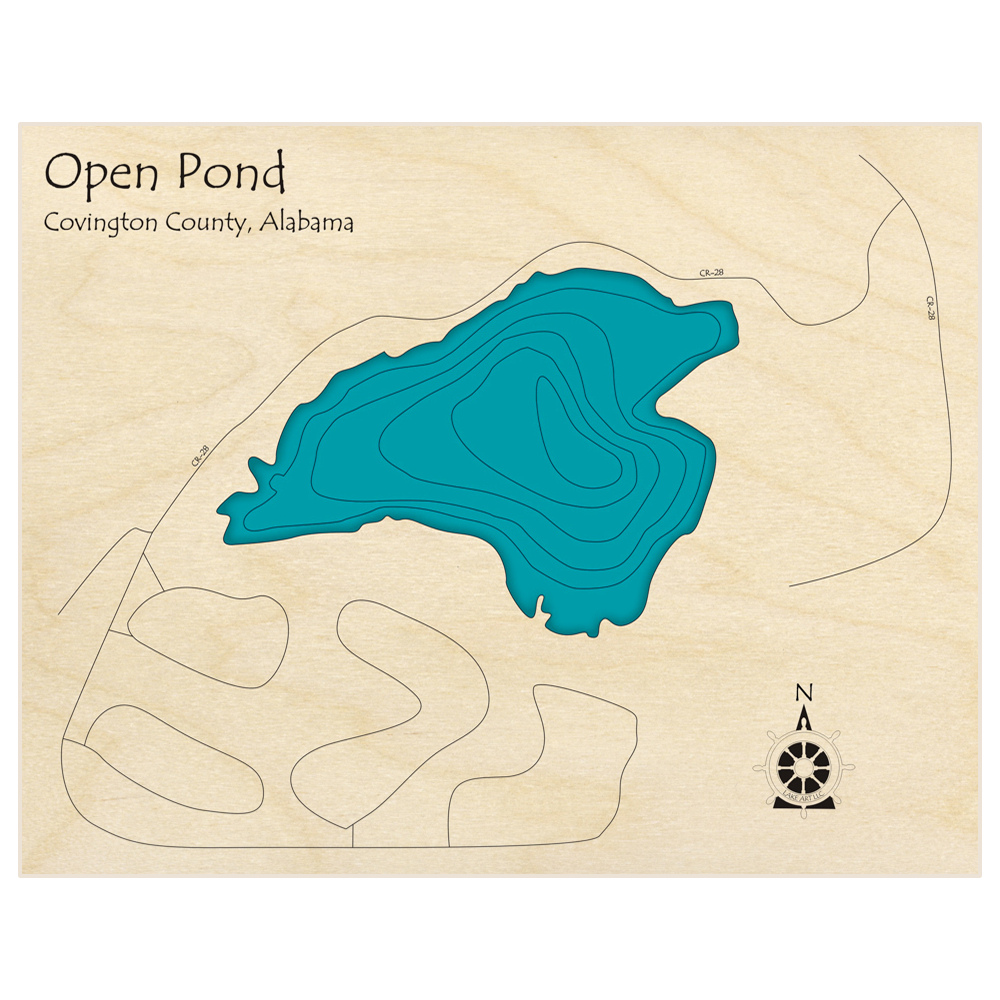 Bathymetric topo map of Open Pond  with roads, towns and depths noted in blue water