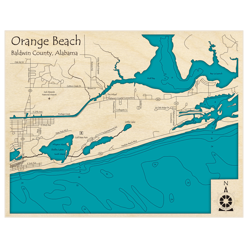 Bathymetric topo map of Orange Beach with roads, towns and depths noted in blue water