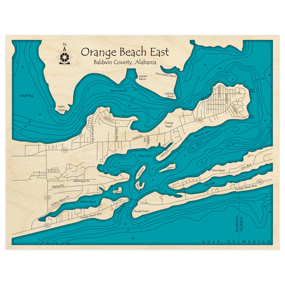 Bathymetric topo map of Orange Beach East with roads, towns and depths noted in blue water