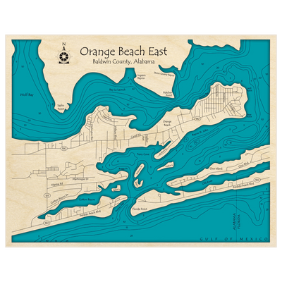 Bathymetric topo map of Orange Beach East with roads, towns and depths noted in blue water