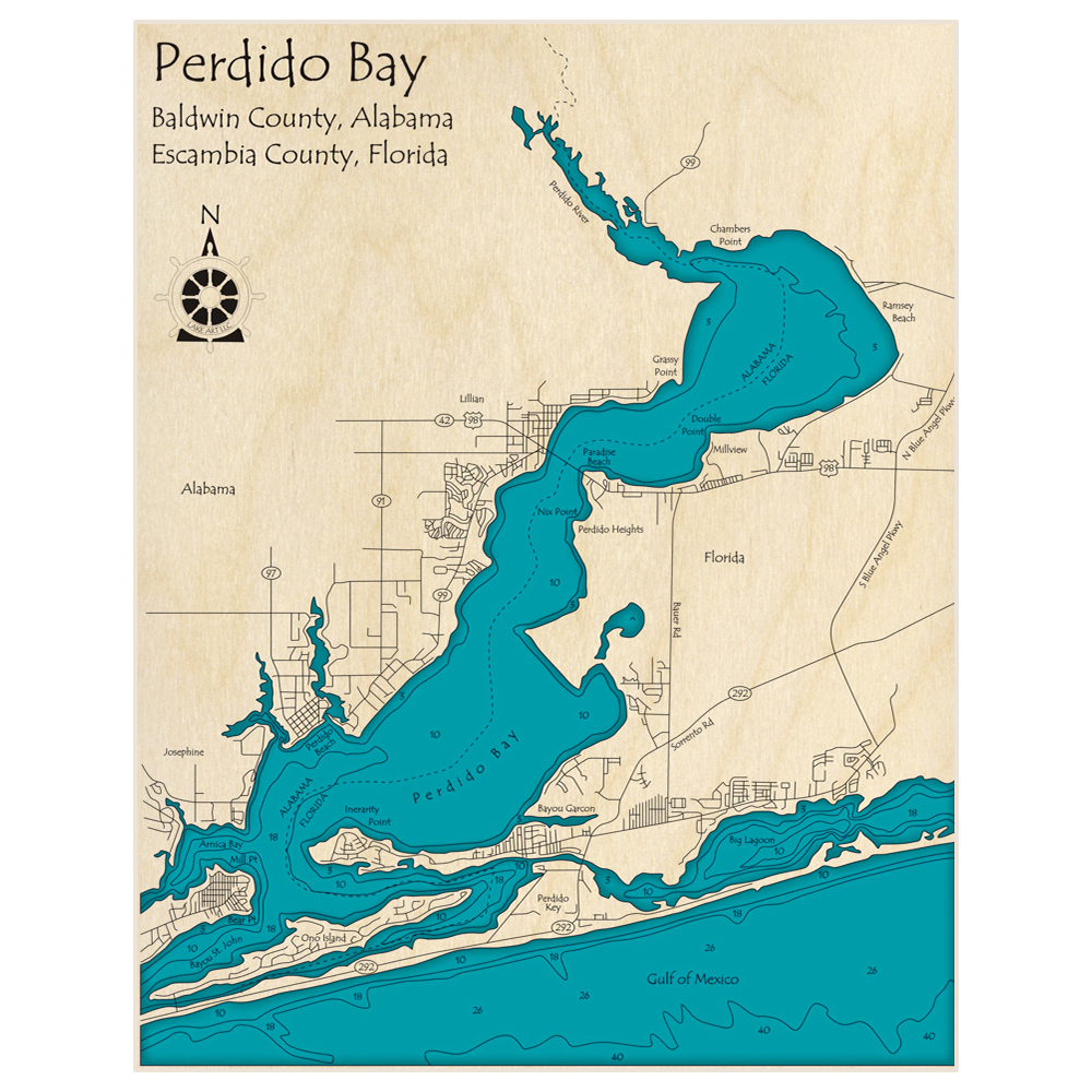 Bathymetric topo map of Perdido Bay with roads, towns and depths noted in blue water