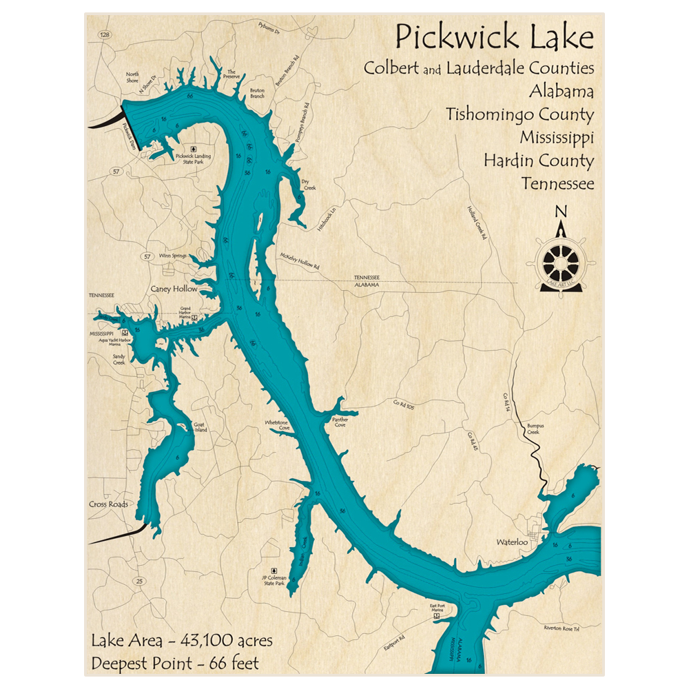 Bathymetric topo map of Pickwick Lake (Northern Section Pickwick Dam to Waterloo) with roads, towns and depths noted in blue water