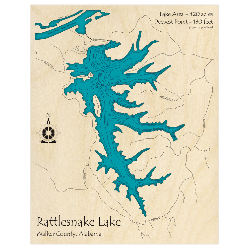 Bathymetric topo map of Rattlesnake Lake with roads, towns and depths noted in blue water