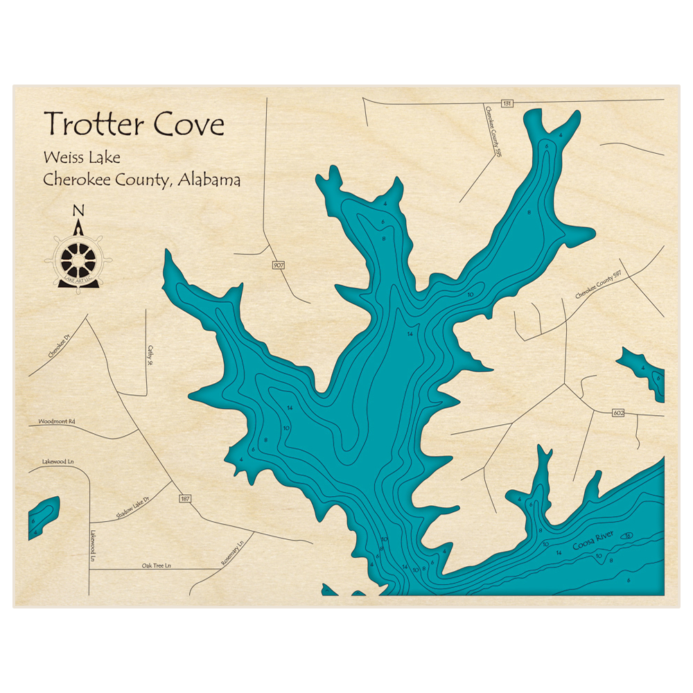 Bathymetric topo map of Trotter Cove (on Weiss Lake) with roads, towns and depths noted in blue water
