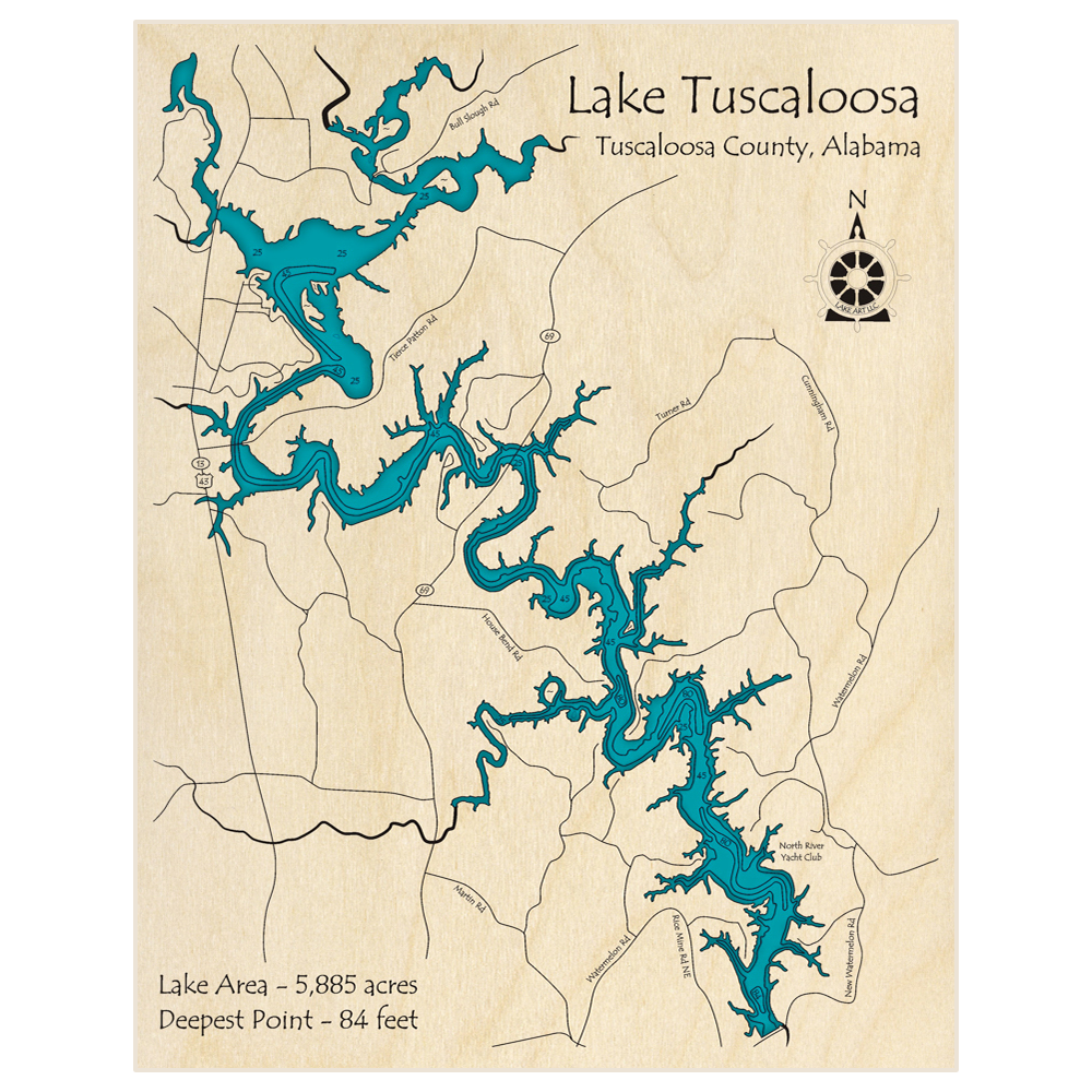 Bathymetric topo map of Lake Tuscaloosa with roads, towns and depths noted in blue water