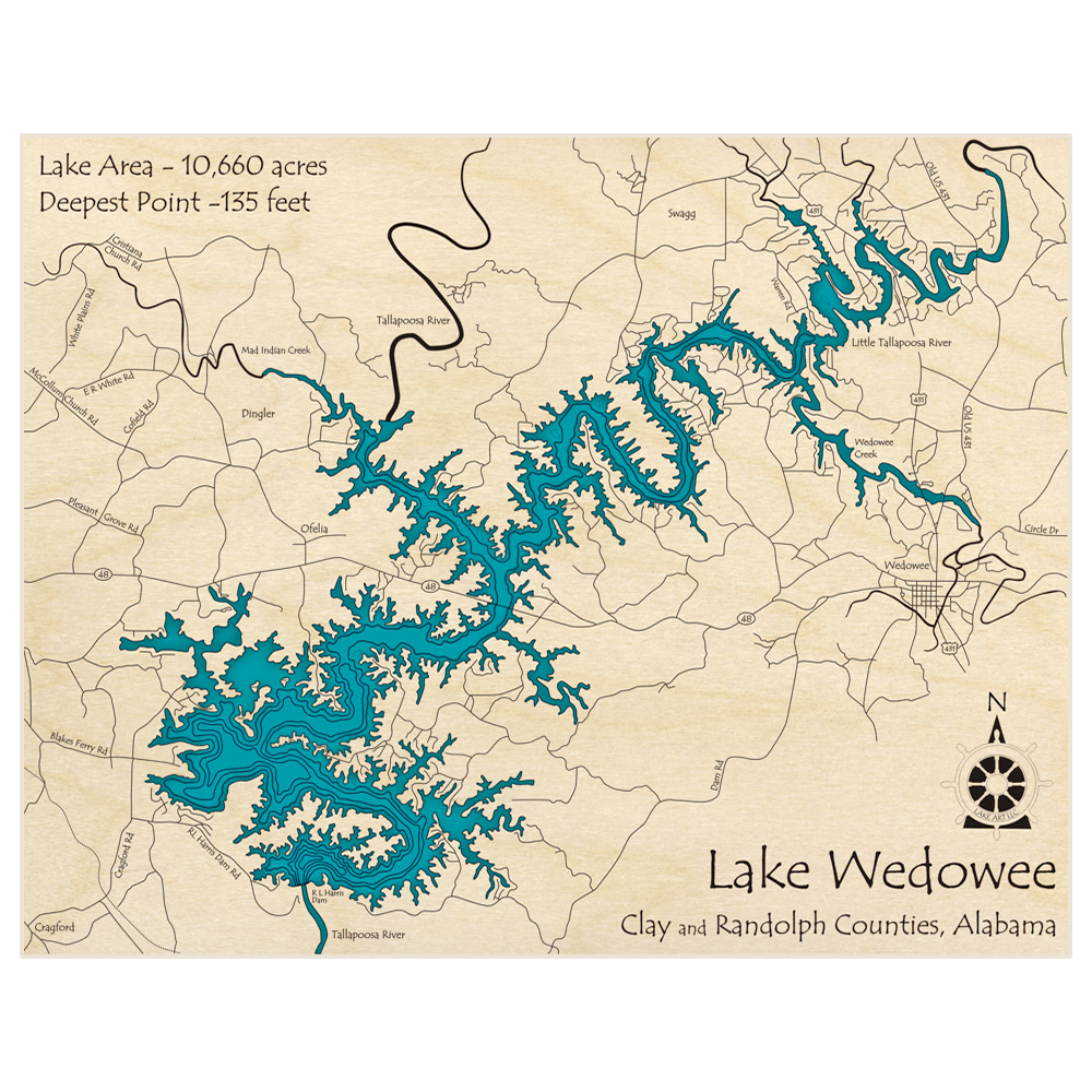 Bathymetric topo map of Lake Wedowee (RL Harris Reservoir) with roads, towns and depths noted in blue water