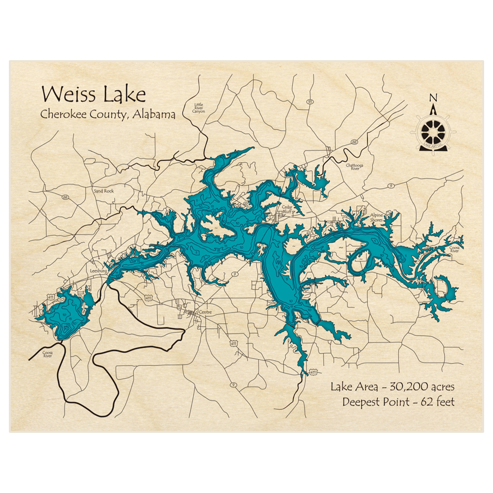 Bathymetric topo map of Weiss Lake with roads, towns and depths noted in blue water