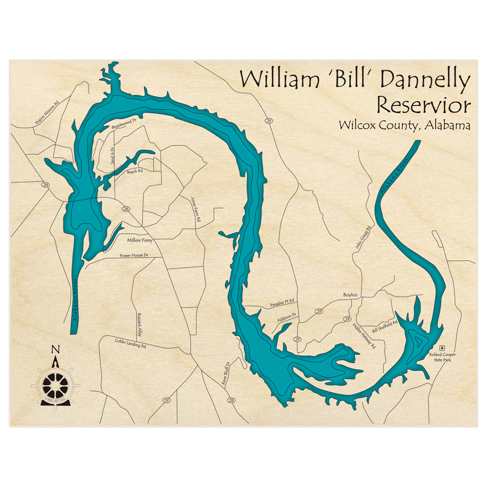 Bathymetric topo map of William Bill Dannelly  with roads, towns and depths noted in blue water