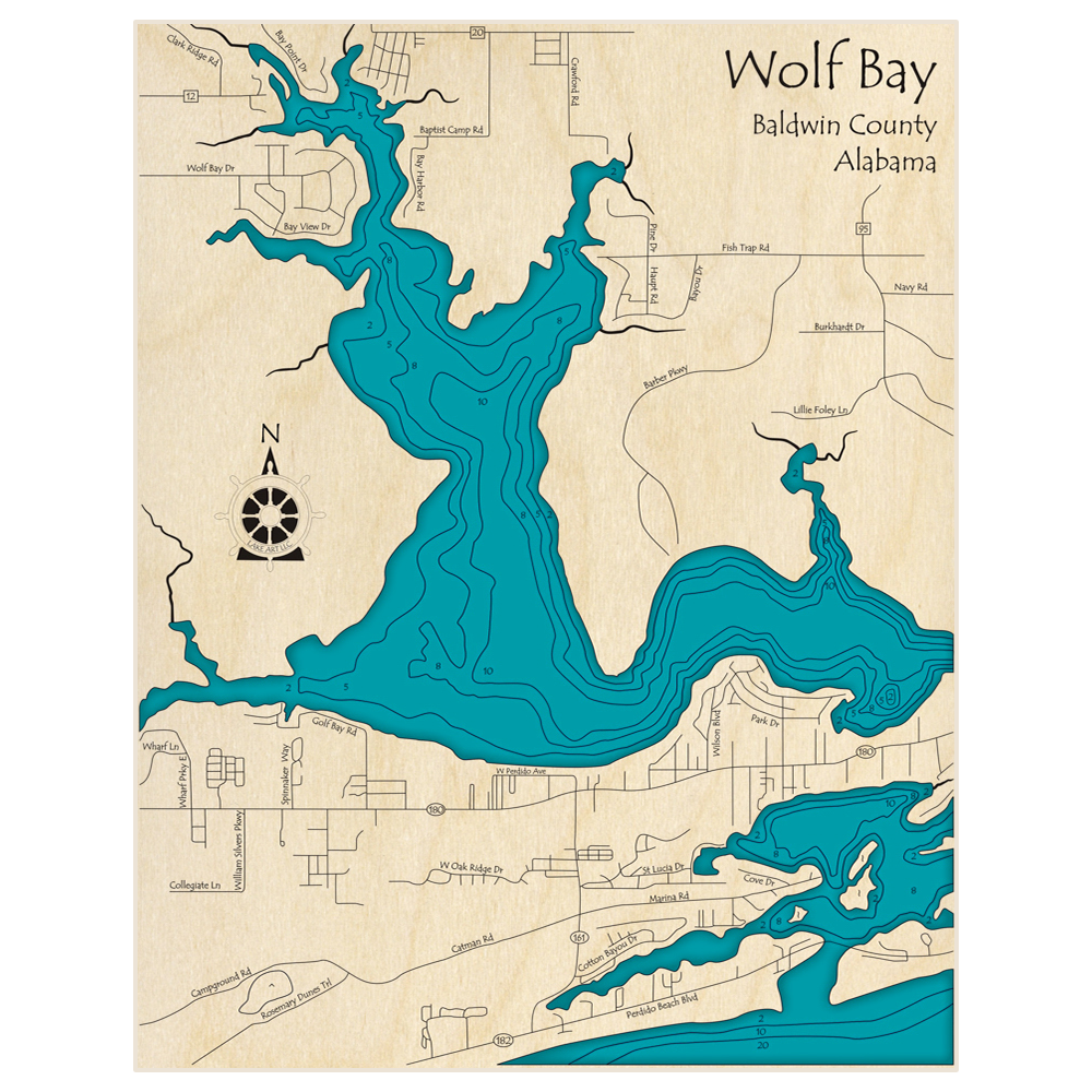 Bathymetric topo map of Wolf Bay with roads, towns and depths noted in blue water