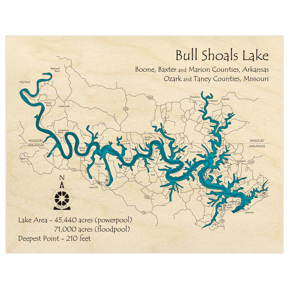 Bathymetric topo map of Bull Shoals Lake (SINGLE LEVEL ONLY) with roads, towns and depths noted in blue water