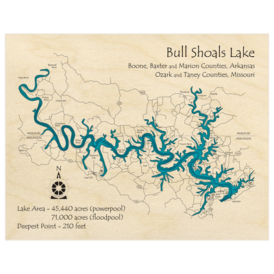 Bathymetric topo map of Bull Shoals Lake (SINGLE LEVEL ONLY) with roads, towns and depths noted in blue water