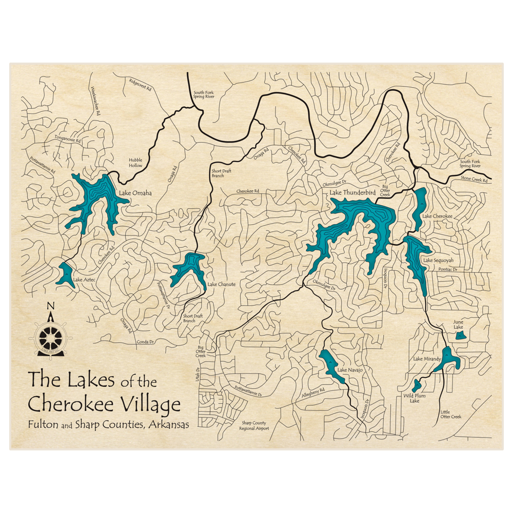 Bathymetric topo map of The Lakes of The Cherokee Village  with roads, towns and depths noted in blue water
