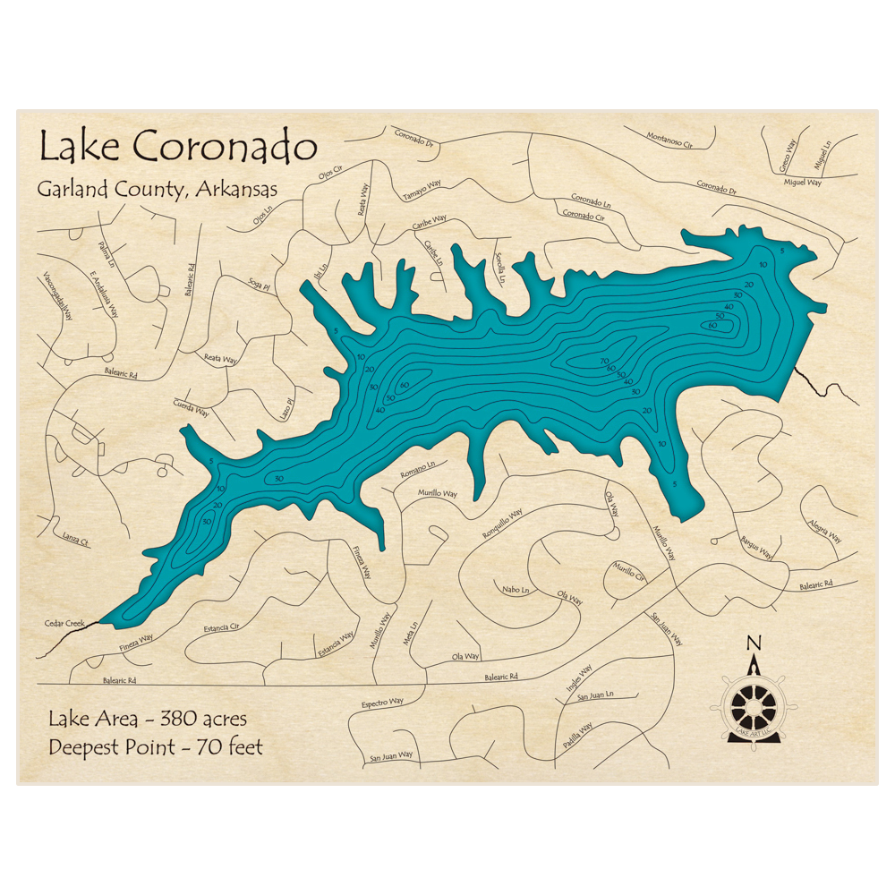 Bathymetric topo map of Lake Coronado with roads, towns and depths noted in blue water