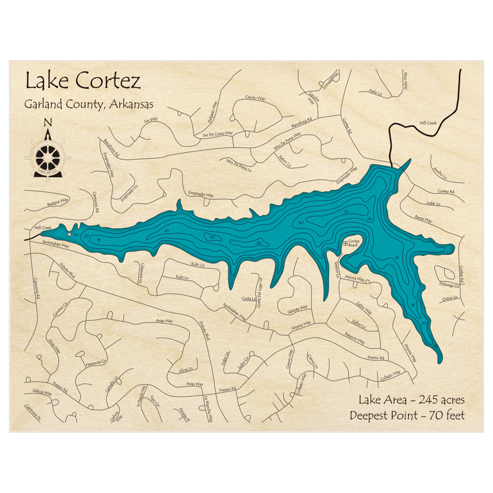 Bathymetric topo map of Lake Cortez with roads, towns and depths noted in blue water