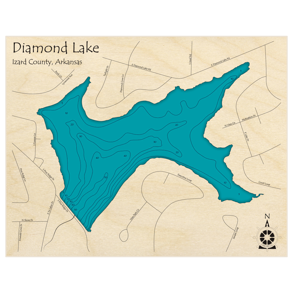 Bathymetric topo map of Diamond Lake with roads, towns and depths noted in blue water