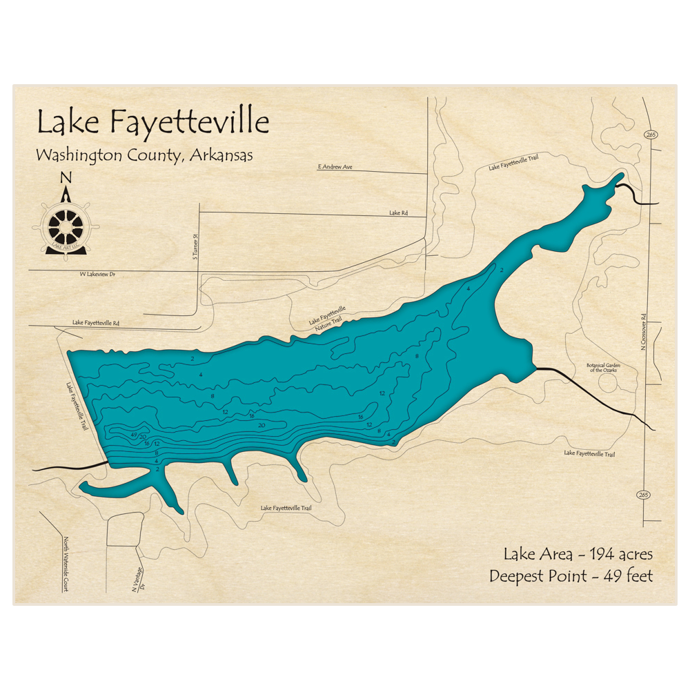Bathymetric topo map of Lake Fayetteville with roads, towns and depths noted in blue water