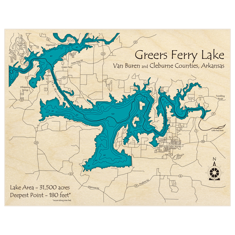 Bathymetric topo map of Greers Ferry Lake  (EASTERN HALF ONLY) with roads, towns and depths noted in blue water