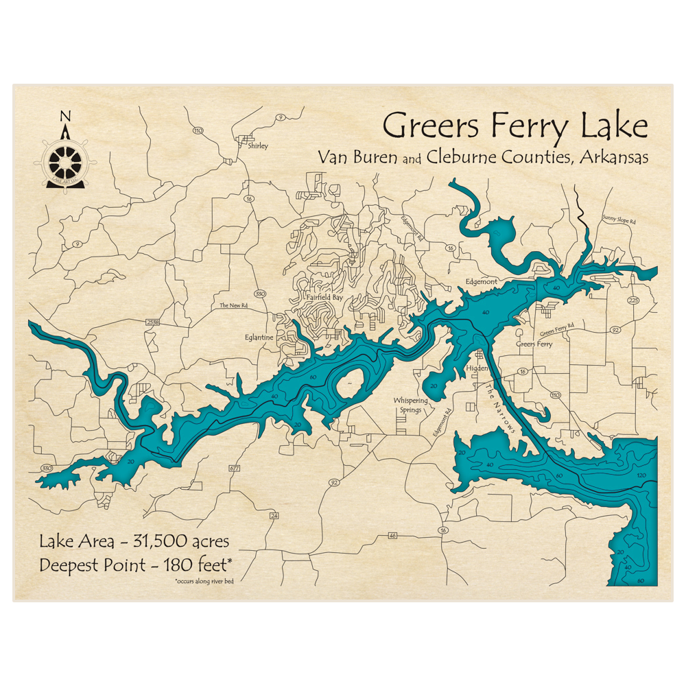 Bathymetric topo map of Greers Ferry Lake (WESTERN HALF ONLY) with roads, towns and depths noted in blue water