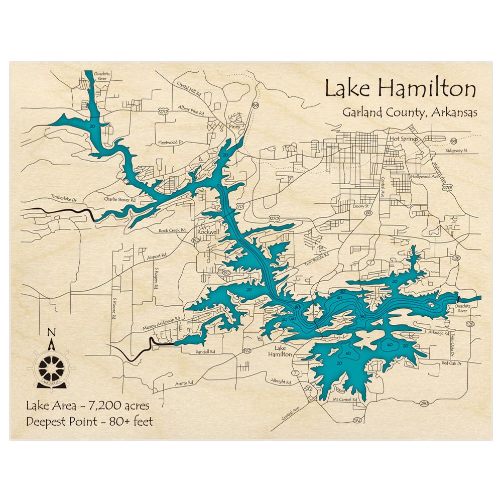 Bathymetric topo map of Lake Hamilton with roads, towns and depths noted in blue water