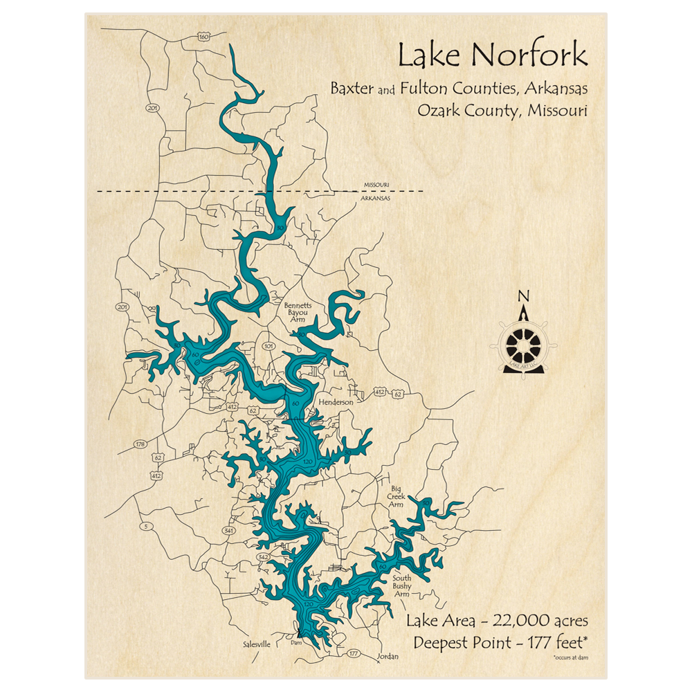 Bathymetric topo map of Lake Norfork with roads, towns and depths noted in blue water