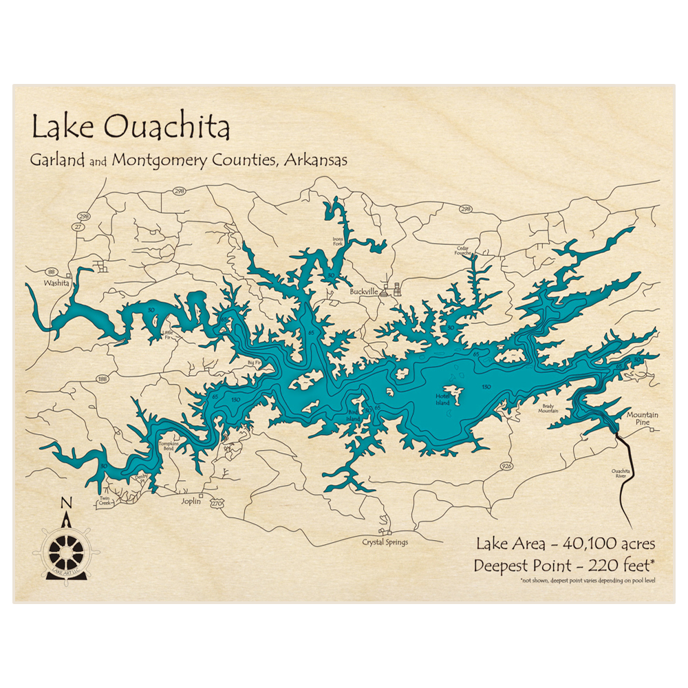 Bathymetric topo map of Lake Ouachita with roads, towns and depths noted in blue water