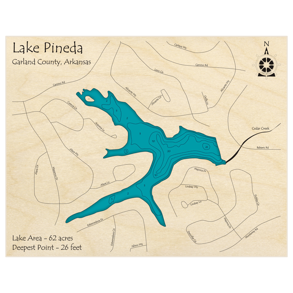 Bathymetric topo map of Lake Pineda with roads, towns and depths noted in blue water